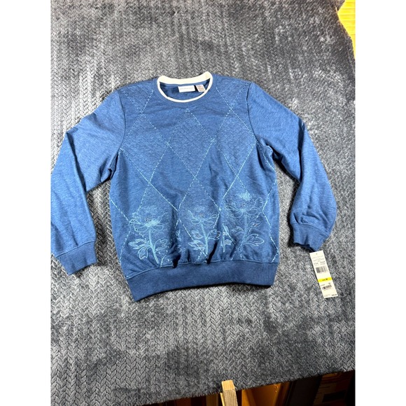 Alfred Dunner Tops - Alfred Dunner Women Blue Cotton Embroidered Floral Ribbed Sweatshirt Medium